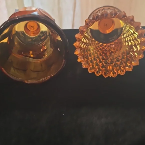 Set Of 2 Amber Peg Votive Glass Diamond Tulip - Picture 4 of 4